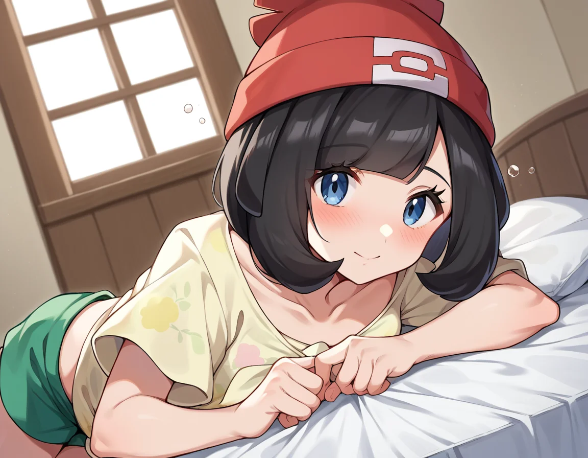score_9, score_8_up, score_7_up, source_anime,
pokemonselene, <lora:pokemon-selene-ponyxl-lora-nochekaiser:1>
pokemonselene, black hair, blue eyes, short hair, bangs, blunt bangs,
beanie, collarbone, green shorts, hat, red headwear, shirt, short sleeves, shorts, tied shirt, yellow shirt,
indoors, bed, bed room, on side, blush, drunk,
looking at viewer, cowboy shot, dutch angle,