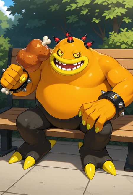 Zom0m, 1boy, orange yellow skin, black lower body, stubby legs, thick arms, yellow nails, two toes, thick yellow lips, misshapen teeth, square teeth, red eyes, yellow sclera, spiked horns, solo, no humans, horns, two toned skin, spiked wristbands, claws, sitting on a bench, outdoors, smiling, holding boned meat
 <lora:Zomom_Sonic_franchise_r1:1>