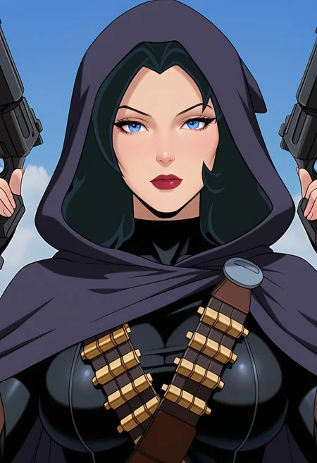 MASTERPIECE, AMAZING QUALITY, PORTRAIT, JULIE, BLACK HAIR, BLUE EYES, HOOD UP, BODYSUIT, CLOAK, BANDOLIER, DUAL WIELD GUNS