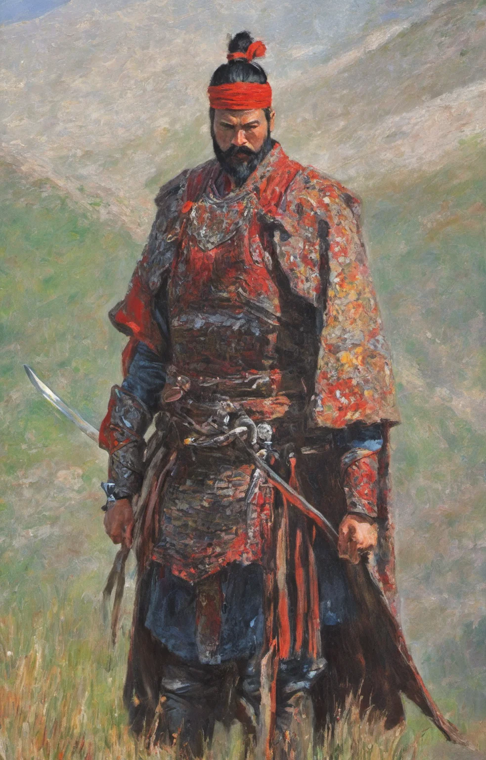 (impressionism by monet:1.2), oil painting, chinesee person with facial hair wearing armor, holding sword, solo, sheath, black hair, full body, standing, sheathed, japanese armor, shoulder armor, mustache, boots, (samurai:1.1), topknot, pants,
looking at viewer, clear brush texture,
<lora:Monet-000006:0.3>