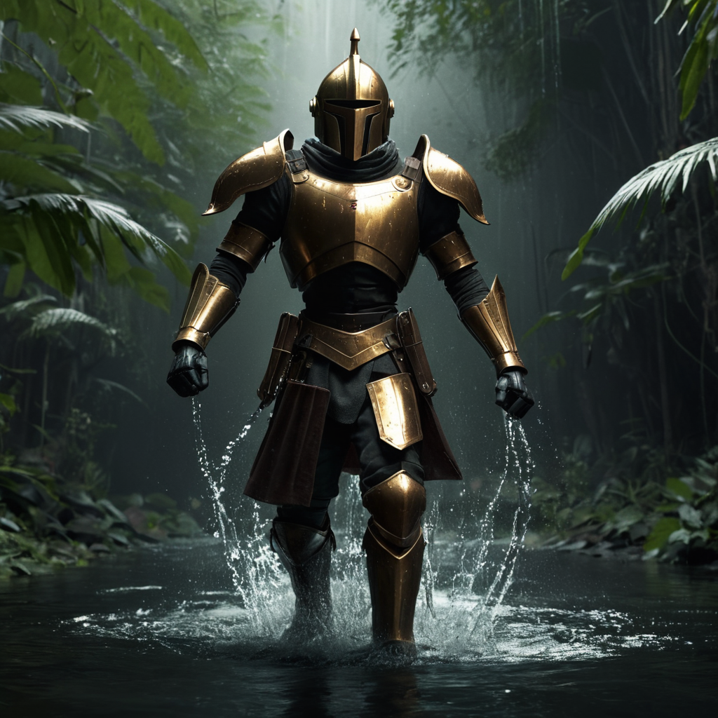 professional 3d model of  <lora:LoDe+Ro style:1>
a man in a gold knight armor middle ages outfit splashes water,black hair,holding,weapon,outdoors,multiple boys,sword,holding weapon,armor,holding sword,helmet,shoulder armor,gauntlets,running,breastplate,battle,full armor,LoDe+Robots Style,Love Death + Robots style,Love,Death & Robots style,animated,horror,dark,black,apocalyptic,dystopian,domination,high angle,from above,looking up,medieval soldier,Middle Ages,river,jungle,army , dramatic light, cyberpunk, LoDe+Ro style, octane render, highly detailed, volumetric, dramatic lighting