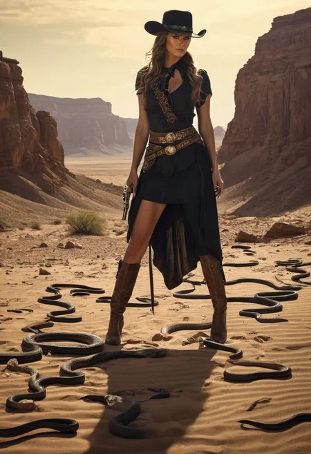 professional, (4k photo:1.1) , (Sharp focus:1.3), high detail, (extremely thin, slender, slim, long legs),
 <lora:spotlight:1> dark theme, silhouette, magical lighting, fantasy,
(Beneath a cracked desert where the ground pulses with the heartbeat of an ancient giant buried below, a woman with hair made of live serpents digs for artifacts, using the snakesâ hisses as a bizarre form of sonar to locate relics that thrum with the giant's dreams and memories.,Saloon brawl turned gunfight, inside a rowdy Western saloon, a poker game goes wrong, leading to a chaotic gunfight. A gunslinger flips a table for cover, firing his revolver as bottles and chairs fly. The bartender ducks, and patrons scatter. Camera angle captures the action from behind the bar, showing the dynamic movement and wild expressions, filled with action and old Western charm.:1.2)
<lora:greg_rutkowski_xl_2:0.8> greg rutkowski, , (expressionism, impressionism, broad brush strokes:1.4)
