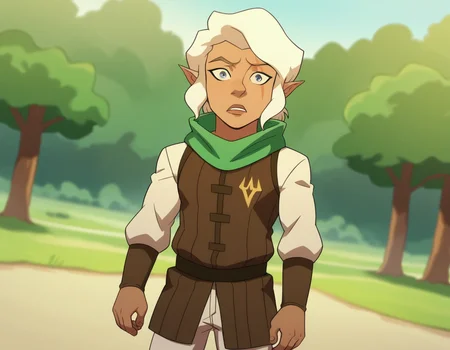 score_9, score_8_up, score_7_up, source_anime,
piketrickfoot, <lora:pike-trickfoot-ponyxl-lora-nochekaiser:1>,
pike trickfoot, white hair, pointy ears, dark skin, grey eyes, scar, scar on face, scar across eye,
scarf, green scarf, boots, pants, white pants,
outdoors,
looking at viewer, dutch angle, cowboy shot,