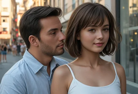 A heartfelt, ultra-detailed reunion between a 1boy and 1girl, both in their late 20s, seeing each other for the first time in years. The moment is filled with deep emotion—joy, nostalgia, and the weight of time.
The woman is petite, with dark short hair, a small waist, and pronounced curves, her expression glowing with happiness yet touched by the quiet wisdom of experience. The man, a bit taller with a slim frame, mirrors her emotions, his face revealing both delight and the burdens of his journey. Their professions remain a mystery, but their postures and subtle details hint at lives filled with responsibility.
Set against a softly blurred, atmospheric backdrop—perhaps a bustling city street, a quiet park, or a familiar café—the world fades behind them as they reconnect. Their gazes lock, emotions conveyed through delicate body language and nuanced facial expressions, capturing the beauty of a long-awaited reunion.
Cinematic lighting, ultra-realistic facial details, emotional storytelling, warm and intimate atmosphere, expressive eyes, natural pose, SFW.