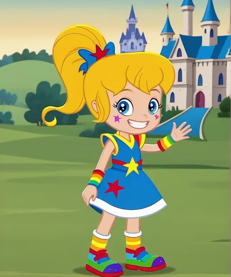score_9, solo, 1girl, rb2014, rainbow motif, blue eyes, blonde hair, ponytail, big grin, waving, looking at viewer, full body, close up, star (symbol), detailed face, dress, child, traditional media, official screencap, retro artstyle, castle, <lora:rb2014:1>,