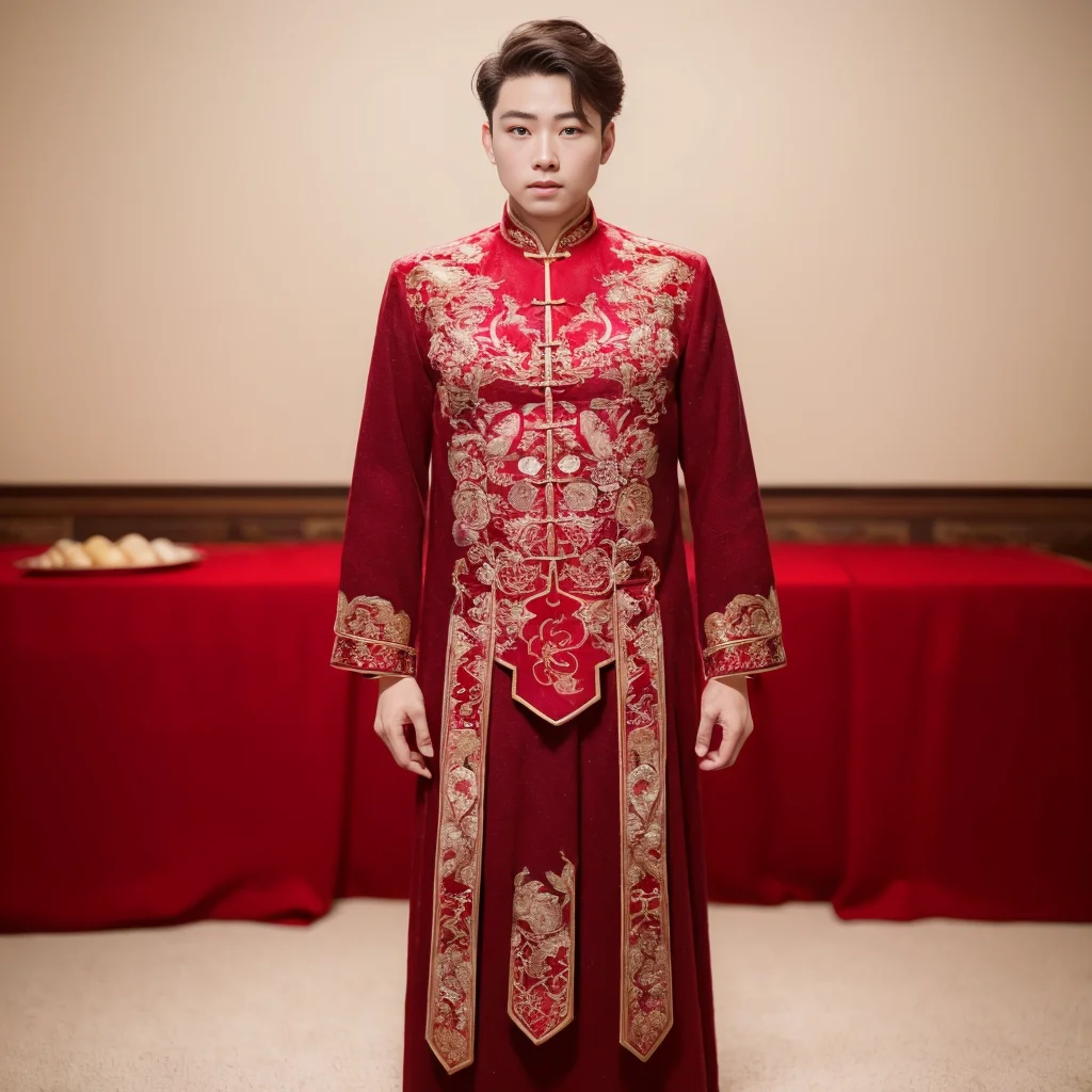 (8k, RAW photo, best quality, masterpiece:1.2), (realistic, photo-realistic:1.4), ultra-detailed, (young male internet celebrity),masculine style,perfect detail , make up,(full body:1.5),chinese style architecture,a dress with a red and gold pattern on it<lora:nzshs-10:0.7>