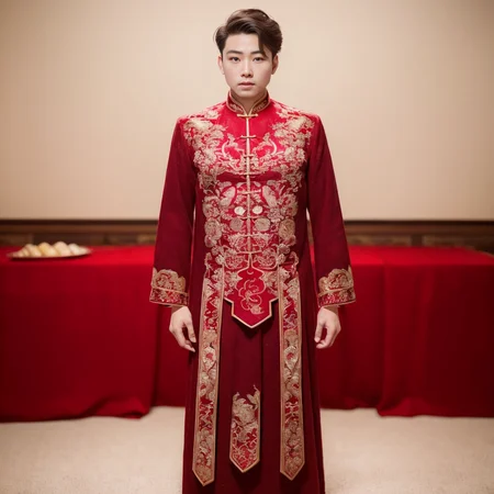 (8k, RAW photo, best quality, masterpiece:1.2), (realistic, photo-realistic:1.4), ultra-detailed, (young male internet celebrity),masculine style,perfect detail , make up,(full body:1.5),chinese style architecture,a dress with a red and gold pattern on it<lora:nzshs-10:0.7>