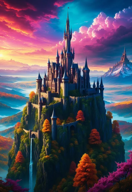 a majestic castle perched atop a towering spire, set amidst a vibrant, dreamlike landscape. Sinister, Created in a detailed matte painting style with a focus on deep, rich colors and intricate details, this fantastical scene is reminiscent of fantasy concept art., hugely intricate, highly detailed, follow negative prompts