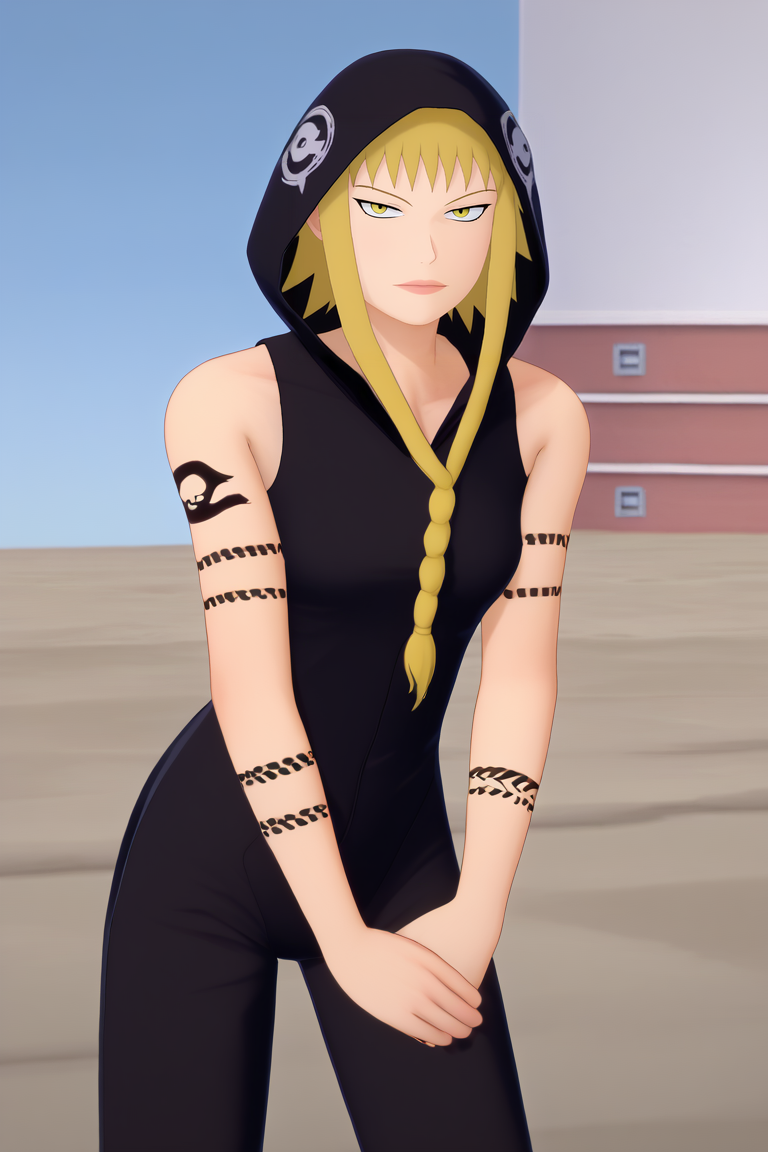 <lora:knightoflove-guy-PONYv1:1>, 1girl, solo, looking at viewer,  <lora:souleater_medusa_ponyXL:0.95> medusagorgon, tattoo, braid, black hoodie, sleeveless hoodie, bodysuit, jewelry, bare shoulders