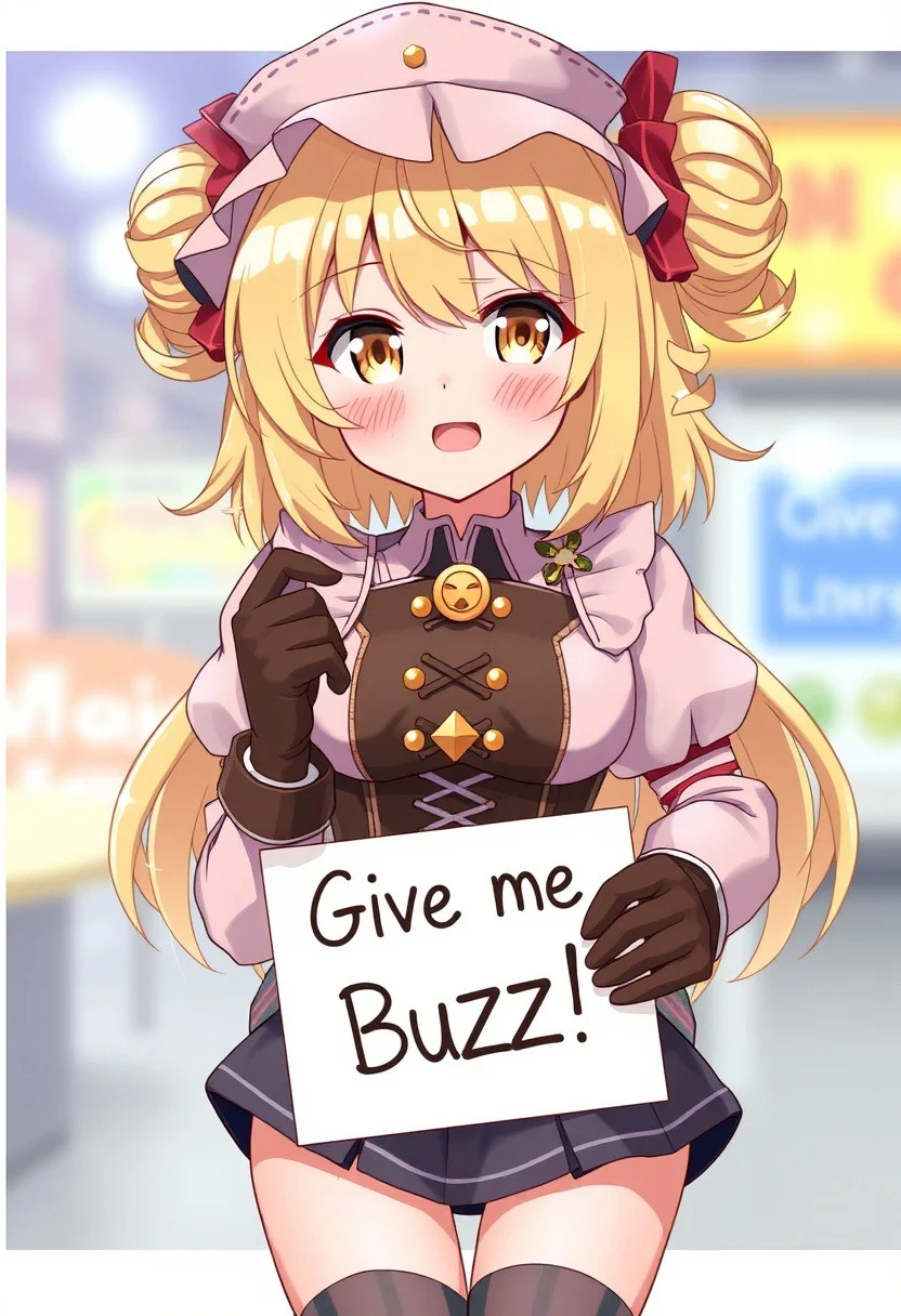 score_4,score_5,score_6,score_7_up,score_8_up,score_9 ((masterpiece,best quality,ultra detailed,highres,HD,4k:1.2)),
1 girl,solo,face focus,
mami tomoe, blonde hair, drill hair, twin drills, yellow eyes,large breasts, brown gloves, corset, detached sleeves, fingerless gloves, gloves, hat, juliet sleeves, long sleeves, magical girl, puffy sleeves, skirt, striped, striped thighhighs, thighhighs, thighs, vertical stripes, vertical-striped thighhighs,
(("Give me Buzz.",Beggars Borad,Holding a sign, holding a sign that says, "Give me Buzz."))
looking at viewer,open mouth,blush,happy,smile,cheerful,