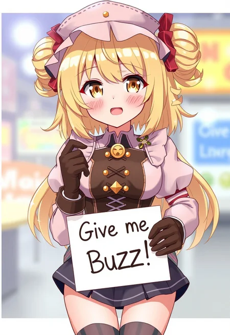 score_4,score_5,score_6,score_7_up,score_8_up,score_9 ((masterpiece,best quality,ultra detailed,highres,HD,4k:1.2)), 
1 girl,solo,face focus,
mami tomoe, blonde hair, drill hair, twin drills, yellow eyes,large breasts, brown gloves, corset, detached sleeves, fingerless gloves, gloves, hat, juliet sleeves, long sleeves, magical girl, puffy sleeves, skirt, striped, striped thighhighs, thighhighs, thighs, vertical stripes, vertical-striped thighhighs, 
(("Give me Buzz.",Beggars Borad,Holding a sign, holding a sign that says, "Give me Buzz."))
looking at viewer,open mouth,blush,happy,smile,cheerful,