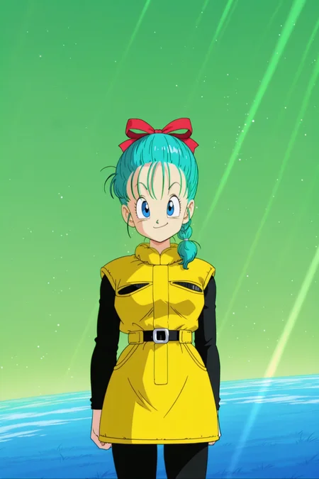 anime screencap, masterpiece, best quality, amazing quality, very aesthetic, absurdres, newest, (scenery, volumetric lighting), dappled sunlight, light particles, light rays, official style,
bulma, dragon ball \(classic\), teenage, blue eyes, hair pulled back, aqua hair, hair ribbon, braid, single braid,
namek outfit, yellow jacket, two tone jacket, sleeveless jacket, shoulder pads, yellow skirt, black undershirt, long sleeves, belt, pantyhose, black legwear,
cowboy shot, planet namek, green sky, looking at viewer, smirk, blue grass,
<lora:Bulma_XIL:0.8>