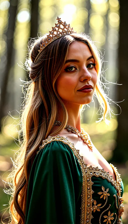 Fantasy princess in a sunlit woodland, An ethereal, graceful character with intricate, green and gold attire, glittering tiara, standing in a serene, sunlit forest. Close-up of her face as she takes a deep breath,Light coming from behind to create a halo effect around the figure, highlighting the edges and adding depth.Enhancing the reflective qualities of the fabric, especially on the gold embroidery and jewelry. Enhanced shadowing around the crown, necklace, and other small details to add depth and realism.Light that penetrates the skin slightly, creating a more lifelike, soft appearance. Tiny, bright reflections on the jewelry to enhance the sparkle and make them stand out.her hair flowing in the wind, smiling at viewer 