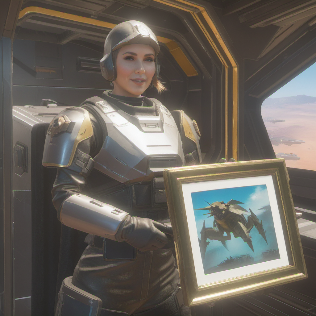 helldivers, Girl in an armored car, holding a picture frame <lora:helldivers:0.7>