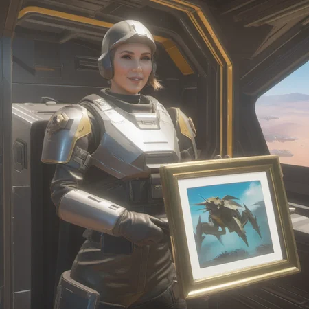 helldivers, Girl in an armored car, holding a picture frame <lora:helldivers:0.7>