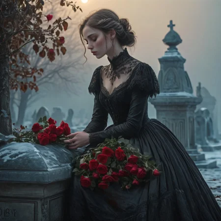 epiCRealism, masterpiece, highly detailed, one girl, pale and delicate, mourning in front of a tomb in a frozen winter morning, mist still clings to the ground while a timid Sun rises on the horizon, a bright red bouquet of roses lays on the tombstone, she wears a highly detailed black laced Victorian dress and sits on the earth in front of the tomb, the skirt spreads around her, view from the side, a small tear drops through her cheek,