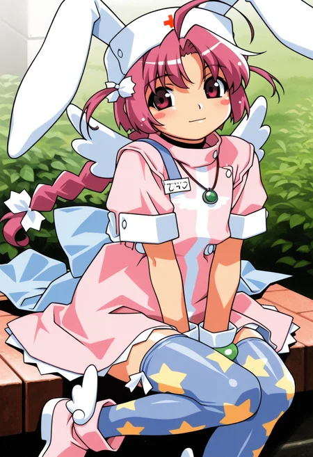 nakahara_komugi, pink hair,hat, animal ears, braid, pink eyes, ahoge, long hair, rabbit ears,
wings, star print, jewelry, star (symbol), dress, white gloves, stickers, zettai ryouiki, print thighhighs, winged footwear,
 <lora:nakahara_komugi_Illustrious-XL_2.0_v1:0.8>, masterpiece,best quality,amazing quality, solo,1girl,, sitting, (dynamic_pose),
 blush,closed mouth,light smile, 
looking at viewer,cowboy shot,
(outdoors,  )