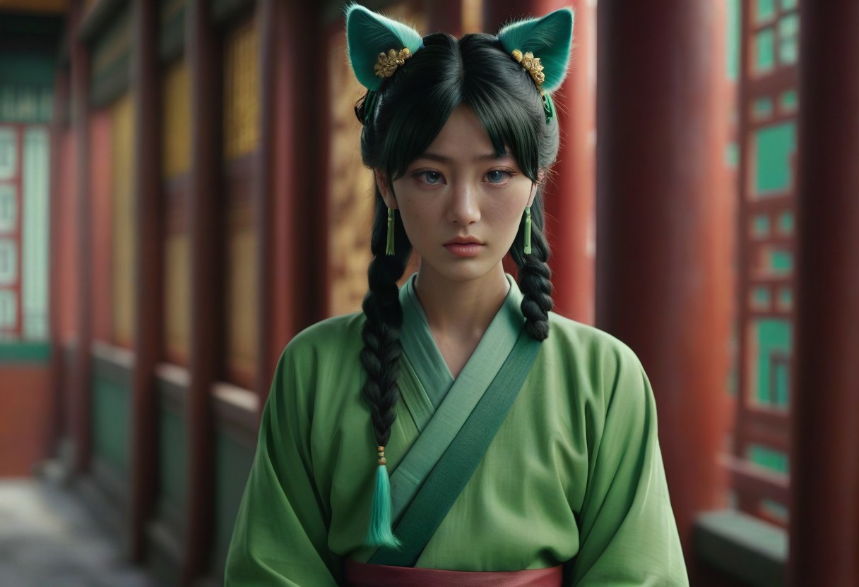 masterpiece, best quality, 8k, amazing quality, photorealistic, scinematic, Volumetric lighting, depth of field, wide angle, cinematic, realistic. 1girl, solo, <lora:Mao Mao:1> ma0ma0_default, green hair, long hair, blunt bangs, hair ornament, twintails, blue eyes, freckles, hair over shoulders, multi-tied hair, half updo, chinese clothes,green hanfu, wide sleeves, long sleeves, looking at viewer, cat ears, animal ear fluff, pouting
