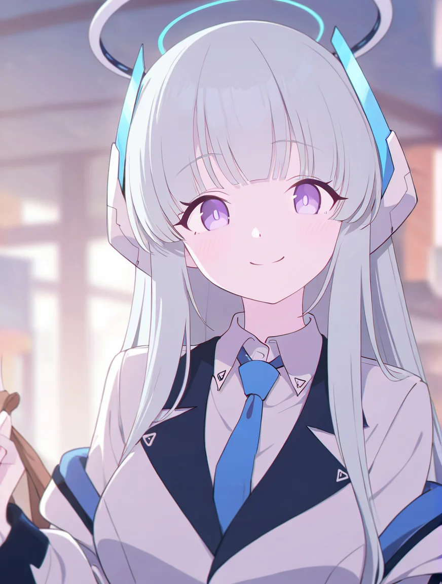 noa \(blue archive\),long hair,blurry,1girl,smile,depth of field,blurry foreground,blurry background,bangs,masterpiece, best quality, very aesthetic, absurdres,<lora:hennnachoco-NAI:0.8>