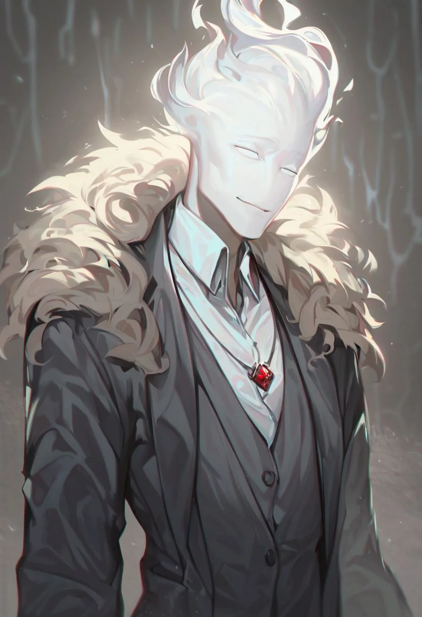 (((beautiful, high quality))), upper Body, score_9, score_8_up, score_7_up,
FireHuman, white fire, empty eyes, 1male, white skin, white eyes, dark grey jumper, pendant, black pants,
looking at the viewer, posing, blurred background,