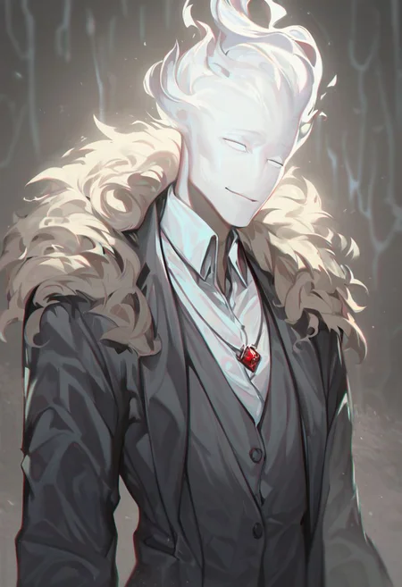 (((beautiful, high quality))), upper Body, score_9, score_8_up, score_7_up, 
FireHuman, white fire, empty eyes, 1male, white skin, white eyes, dark grey jumper, pendant, black pants,
looking at the viewer, posing, blurred background,