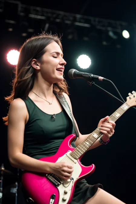 one female guitar hero on stage, full of emotion, head shaking, whirling her hair