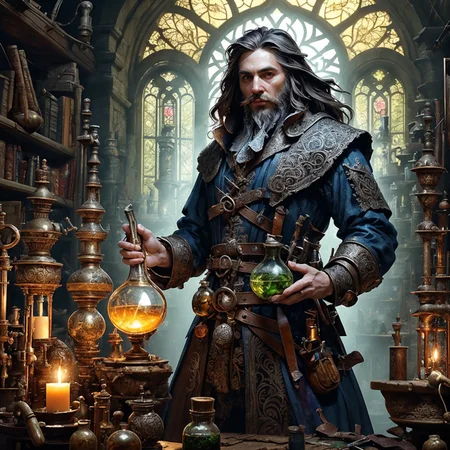 RAW photo, (masterpiece:1.3), subsurface scattering, heavy shadow, (high quality:1.4), (intricate, high detail:1.2), professional photography, HDR, High Dynamic Range, realistic, ultra realistic, photorealistic, high resolution, film photography, ambient lighting, atmospheric effects, <lora:detail_slider_v4:2>, OverallDetail, <lora:Alchemist-10:1>, alchemist, bag, beard, candle, flask, holding, holding book, indoors, inkwell, leather, long hair, mustache, potion, quill, solo, standing, weapon, window