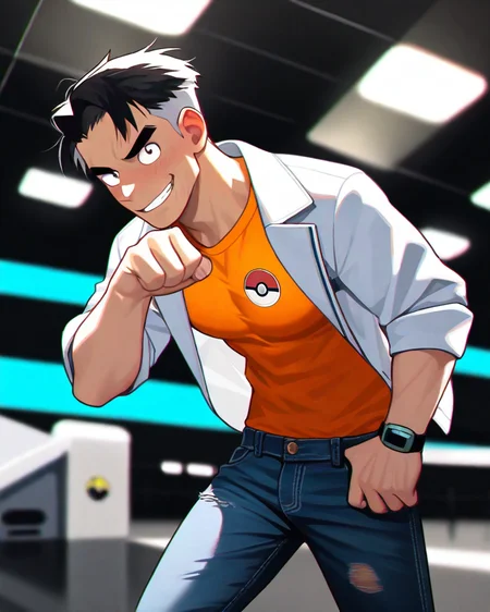 masterpiece, best quality, amazing quality, 1boy, solo, masterpiece, best quality, cowboy shot, ((handsome man:1.2, light skin)), black and white jacket, orange shirt, jeans, lose shirt, looking at viewer, dynamic action, expressive cute face, cute pose, male focus, 1boy, solo, cowboy shot, from side, depth of field, masterpiece, best quality, amazing quality, very aesthetic, absurdres, newest, very awa, shadow, dynamic angle volumetric lighting, <lora:Bree_Style-000019:0.6>, breeze style, muscular man, pectorals, pokemon \(creature\)