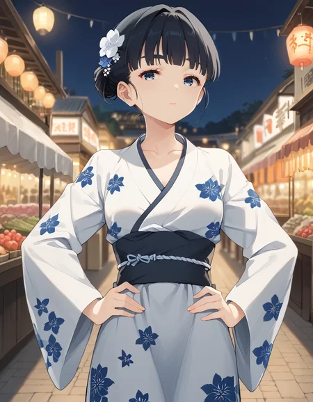 score_9, score_8_up, score_7_up, source_anime,
1girl, solo, looking at viewer, blurry background, night, market, dutch angle,
<lora:tiara_basori_anime_v2-soralz:1>, tiara basori, black hair, short hair, hair bun, (thick eyebrows:0.6), blue eyes, flower hair ornament,
print kimono, hands,print dress, collarbone, breasts, waist, long sleeves, hands on hand on own hip,