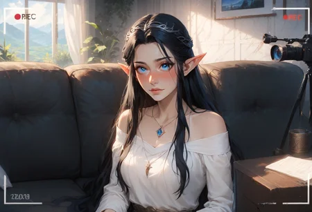 Fullmetal_alchemist style, triba1gir1XL, score_9, score_8_up, score_7_up, 1girl, Arwen_Undómiel, Arwen_(Lord_of_the_Rings), Evenstar, evenstar_pendant, pendant, jewelry, Arwen, elf, blue eyes, black hair, long hair, sidelocks, (embarrassed), sitting, full-face blush, on couch, (recording), media player interface, battery indicator, Scenery, indoors, (casting_couch:1.2)
