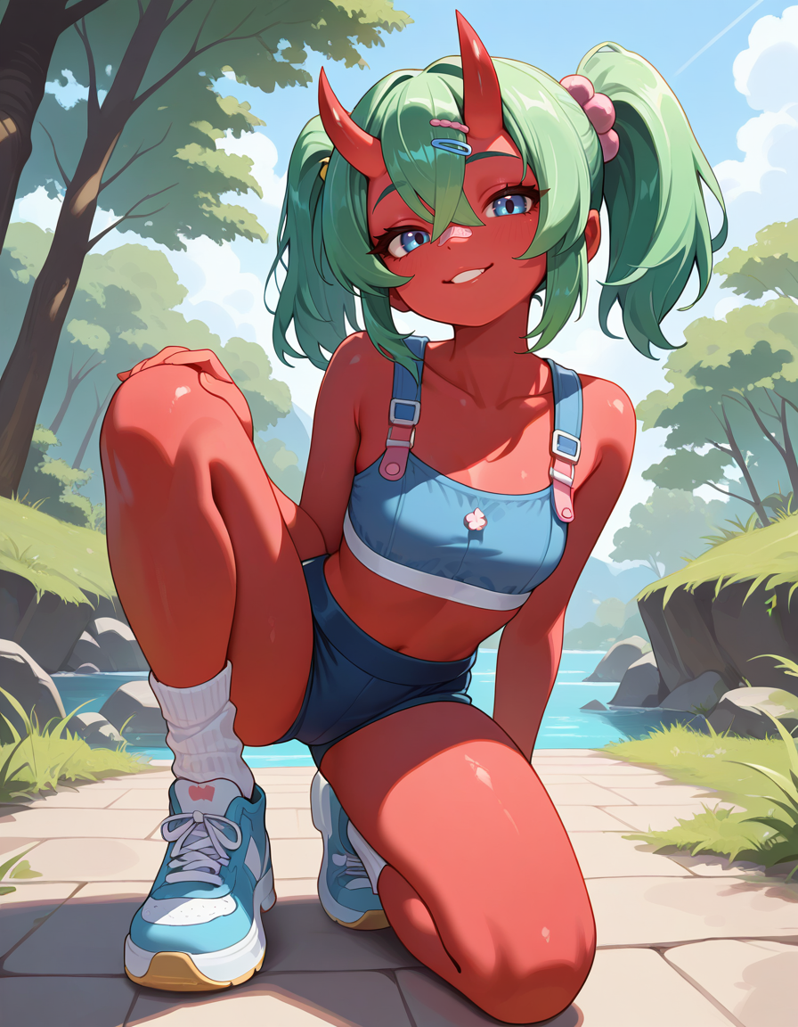 masterpiece, best quality, very aesthetic, absurdres,
outdoors,
full body, seductive smile, parted lips, long eyelashes,
 <lora:Nemia_v01_NAIXL:1>,
N4m14,1girl,solo,green hair,oni horns,twintails,hair ornament,hairclip,hair between eyes,blue eyes,bandaid on face,colored skin,red skin,