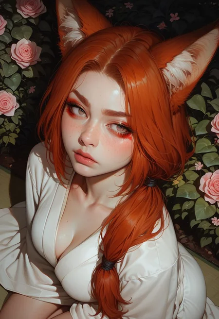 score_9_up, score_9, score_8_up, score_8, score_7_up, score_7, cinematic lighting, raw, high quality, 4k resolution, absurdres, masterpiece, dynamic lighting, high contrast, morimee_style, detailed face, 
1girl, solo, (kitsune), (fox ears), (mature), ((((pale skin)))), (fox eyes), ((red makeup)), ((redhead hair)), freckles on face, freckles on shoulders, ((long hairs, low ponytail)), [[average breasts]], annoyed, arched eyebrow, (white japanese kimono), kneeling, (long nails), head tilt down, ribbon in hairs, flower in hairs,
 high view, (Sakura, garden, night)