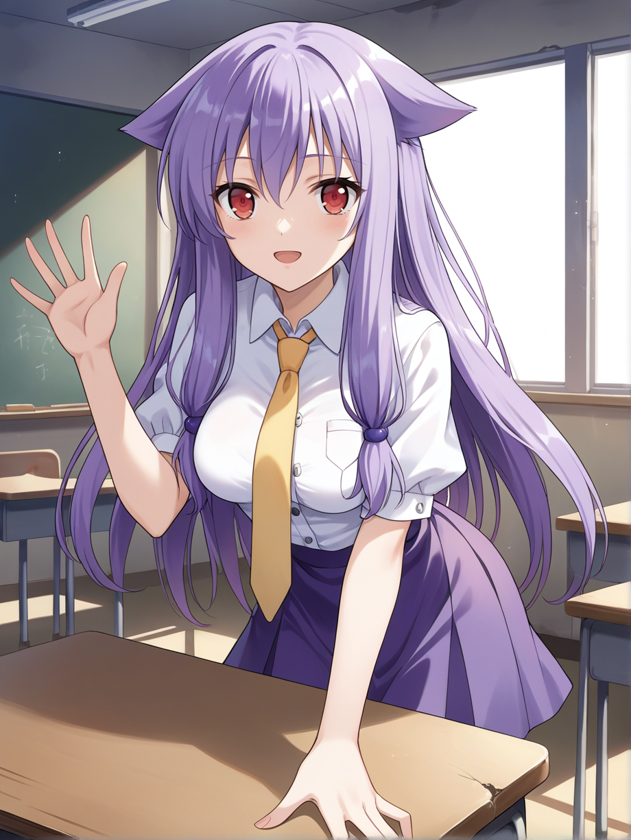 score_9, score_8, score_7_up, source_anime
1girl, medium breasts,  breasts, Kiriya Nozomi , purple hair, red eyes, flat animal ears,  long hair, 
waving, 
purple skirt, white shirt, buttons, short necktie, yellow necktie
classroom, abandoned,
 <lora:Kiriya Nozomi é§è°· å¸ v0.1 :0.6>  <lora:StS_PonyXL_Detail_Slider_v1.4_iteration_3:0.2> <lora:Expressive_H:0.1> <lora:housechores-guy-PONYv1:0.4>