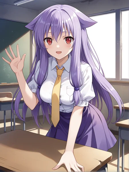 score_9, score_8, score_7_up, source_anime
1girl, medium breasts, breasts, Kiriya Nozomi , purple hair, red eyes, flat animal ears, long hair,
waving,
purple skirt, white shirt, buttons, short necktie, yellow necktie
classroom, abandoned,
<lora:Kiriya Nozomi é§è°· å¸ v0.1 :0.6> <lora:StS_PonyXL_Detail_Slider_v1.4_iteration_3:0.2> <lora:Expressive_H:0.1> <lora:housechores-guy-PONYv1:0.4>