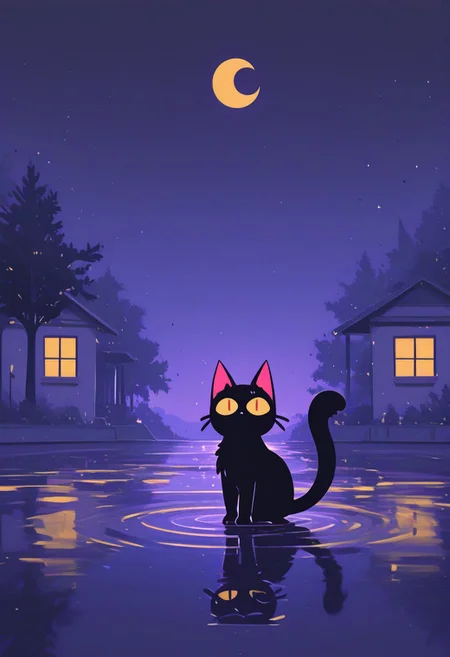 masterpiece, best quality, good quality, very awa, newest, highres, absurdres, yellow eyes, outdoors, water, tree, no humans, window, night, moon, cat, building, colored sclera, reflection, animal focus, black cat, crescent moon, ripples, yellow sclera, puddle, reflective water, limited palette, <lora:illustriousXL_stabilizer_v1.23:0.3> <lora:NOOB_vp1_detailer_by_volnovik_v1:0.3> <lora:ponyv6_noobE11_2_adamW-000017:0.3> <lora:114558v4df2fsdf5:0.6> <lora:XXX667:0.4> <lora:mon_monmon2133:0.5>, <lora:barleyshake-guy90-Illust-Lycorisv108:1> ekarab , 4ur4_illu, shiny, Rapscallionstyle ,vanripper ,