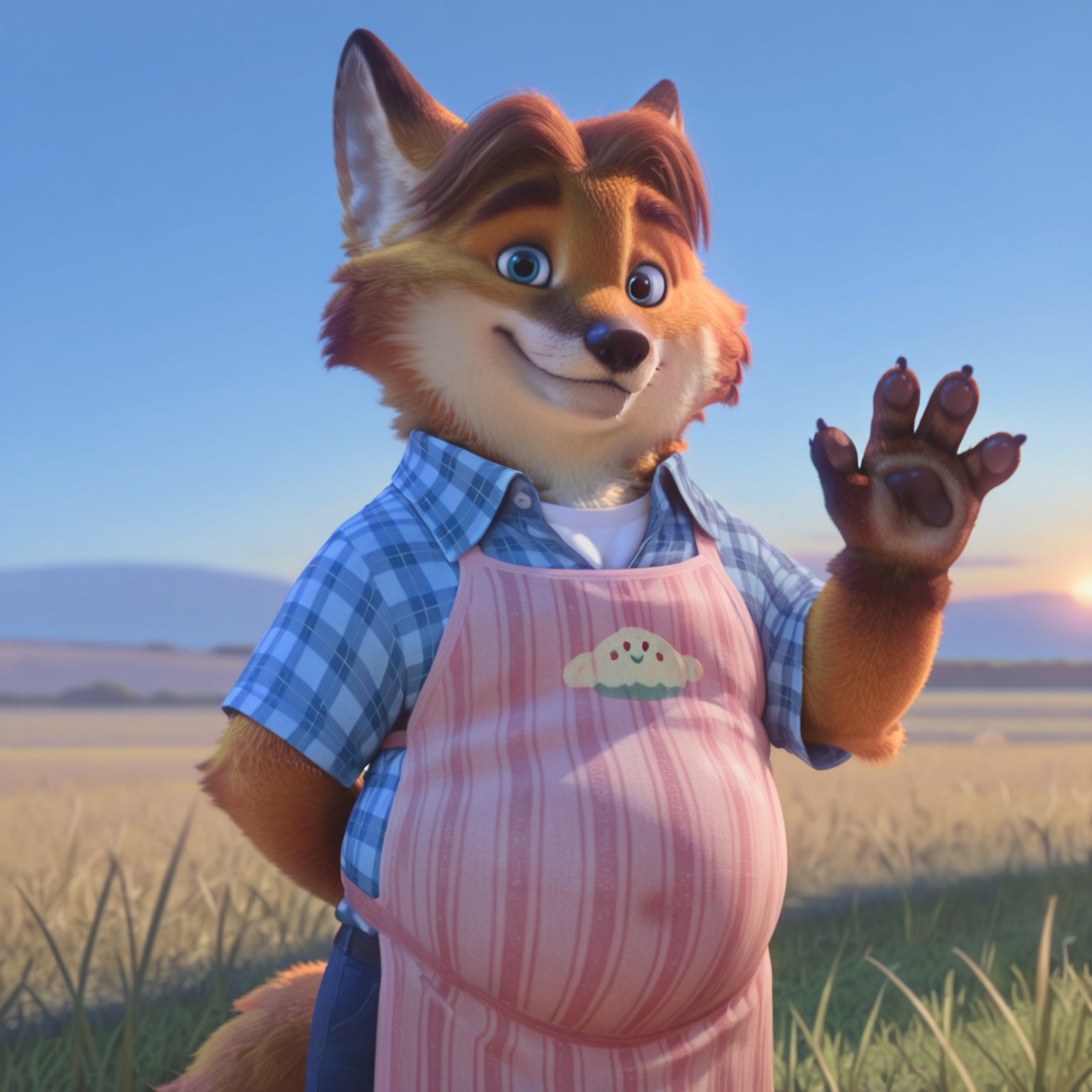8k, uncensored, masterpiece, best quality, highly detailed, realistic, 1boy, solo, GideonZT, furry, anthro, canine, fox, brown hair, short hair, brown eyebrows, blue eyes, black pupils, black nose, orange body, orange fur, fox tail, slightly chubby male, smile, closed mouth, white undershirt, blue shirt, checkered shirt, shirt collar, pink apron, dark-blue pants, upper body, (standing), grass, sunny, blue sky, afternoon, (looking at viewer, sitting, africa, sunset, grass, front view, detailed background, (waving, brown paw pads, 4 fingers, black claws, hand behind back)