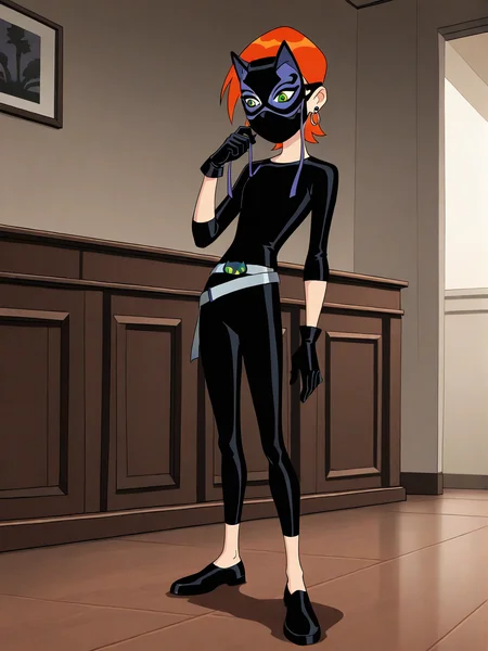 (luckygirl amulet black shirt black pants black gloves mask belt:1.50),
b10-gwen, red hair, short hair, green eyes, hairclip,
1girl, (solo:1.20), skinny,
(masterpiece, best quality, amazing quality, absurdres, high quality, highres, masterpiece),
,
full body
,
(:1.40),
BREAK,
indoors,
,
(),
,
<lora:b10-gwen-V02-illXL:1.00>