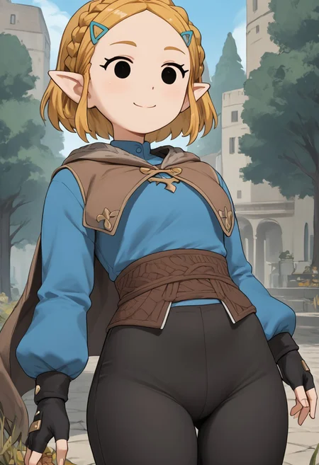score_4,score_5,score_6,score_7_up,score_8_up,score_9 ((masterpiece,best quality,ultra detailed,highres,HD,4k:1.2)),
jyuukyuu, flat color, deformed, deformed characters, round face,
((mob face,black eyes, eyes filled with black)),
outdoors,
1girl, solo, girl forcus,solo forcus,
short hair,blond hair,crown braid, hairclip, pointy ears,Forehead,
brown cape, blue shirt, puffy sleeves, long sleeves, fingerless gloves, black gloves, black pants, tight pants smile,