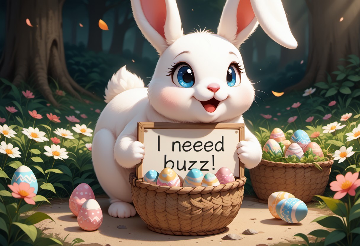 masterpiece, score_9_up, score_8_up, score_7_up, score_6_up, source_furry, (best quality:1.1), ultra-detailed, high resolution, highly detailed macro illustration, solo BREAK 1girl,, feral, bunny, female,  blue eyes, pink animal nose BREAK need_buzz, holding sign, sitting in an easter basket, BREAK sharp focus, perfect lighting, anatomically correct, extremely detailed, tranquil setting, high detail, Expressiveh, happy, content, detailed background, OverallDetail, zPDXL3