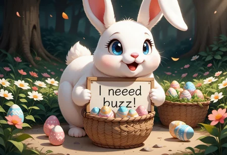 masterpiece, score_9_up, score_8_up, score_7_up, score_6_up, source_furry, (best quality:1.1), ultra-detailed, high resolution, highly detailed macro illustration, solo BREAK 1girl,, feral, bunny, female, blue eyes, pink animal nose BREAK need_buzz, holding sign, sitting in an easter basket, BREAK sharp focus, perfect lighting, anatomically correct, extremely detailed, tranquil setting, high detail, Expressiveh, happy, content, detailed background, OverallDetail, zPDXL3