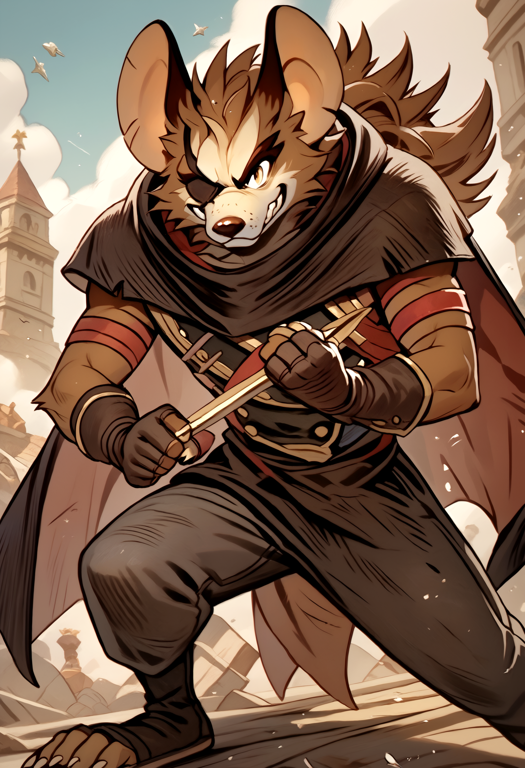 score_9, score_8_up, score_7_up,8k, detailed design, detailed background, detailed characters, masterpiece, anthro only, furry only, 1boy, solo,  <lora:VurkAFK_Arena-000001>, vurk, rat boy, furry male, brown fur, eyepatch, gold tooth, cape, armband, gloves, fighting,  outside,