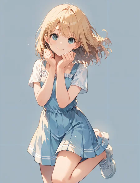 score_9, score_8_up, score_7_up,source_anime, high res image,masterpiece,best quality,(girl:1),cute face,clear skin,shiny hair,ultra detailed eyes,simple background <lora:burikko pose_pony_V1.0:1> burikko pose, hands up,standing on one leg,smile