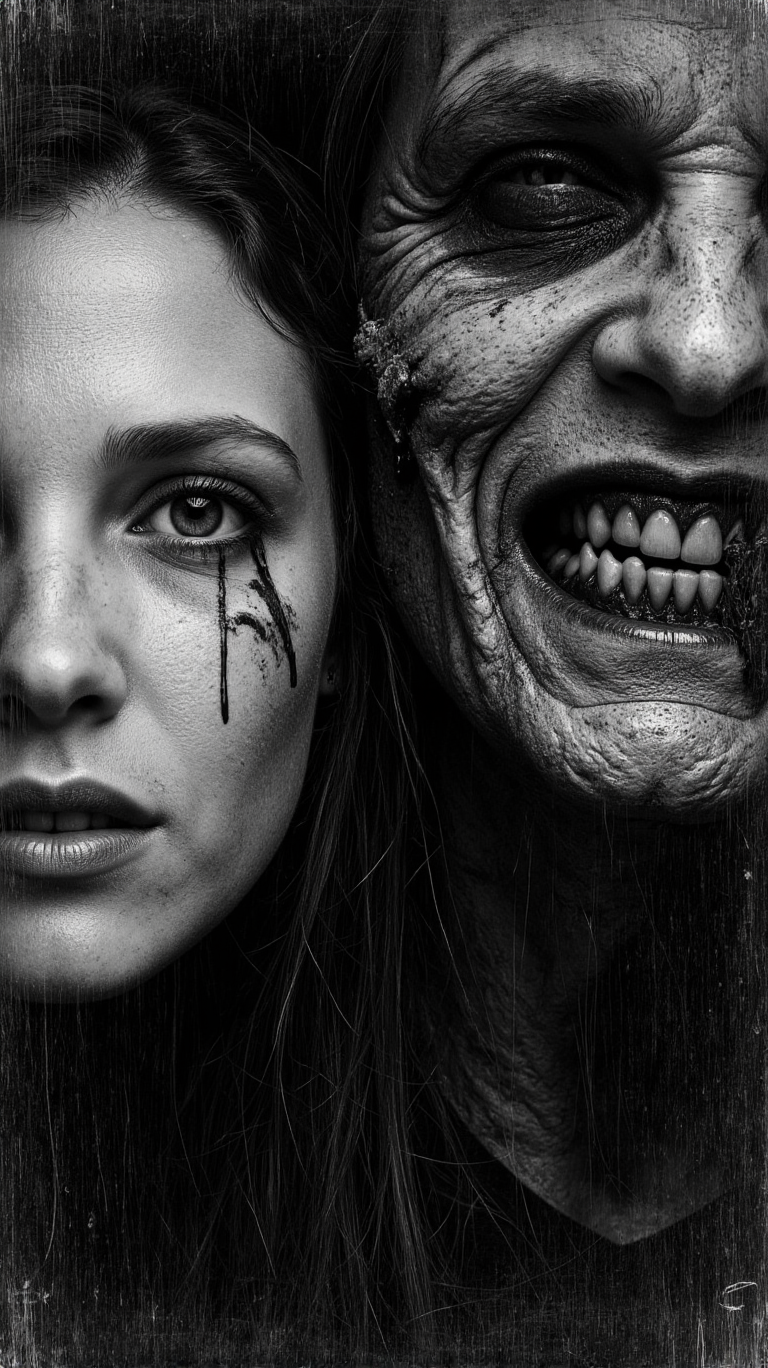 This image appears to be a black and white photograph with a gritty, textured style. The photograph features a woman's face on the left side, with her eyes wide open and a look of fear or shock. There is a noticeable streak of blood running down from her left eye, adding to the dramatic and intense atmosphere.

On the right side of the image, there is a grotesque, monstrous face with a distorted and menacing expression. The creature has sharp teeth, a wrinkled and decayed appearance, and an overall eerie and unsettling presence. The contrast between the woman's face and the monstrous creature creates a sense of tension and horror.

The overall tone of the image is dark and ominous, with high contrast between light and shadow, enhancing the dramatic and suspenseful mood. The texture and graininess of the image contribute to its gritty and raw aesthetic.