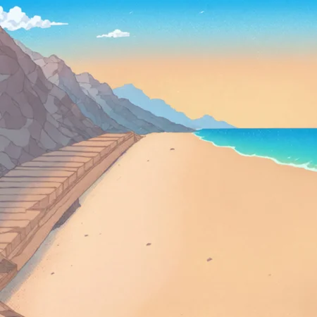 beach, cozy, summer, wooden plank road in the foreground, mountain in the background, SteamSummerSales2024, blue sky,  <lora:Steam_Summer_Sales_2024_pony_r2:1>