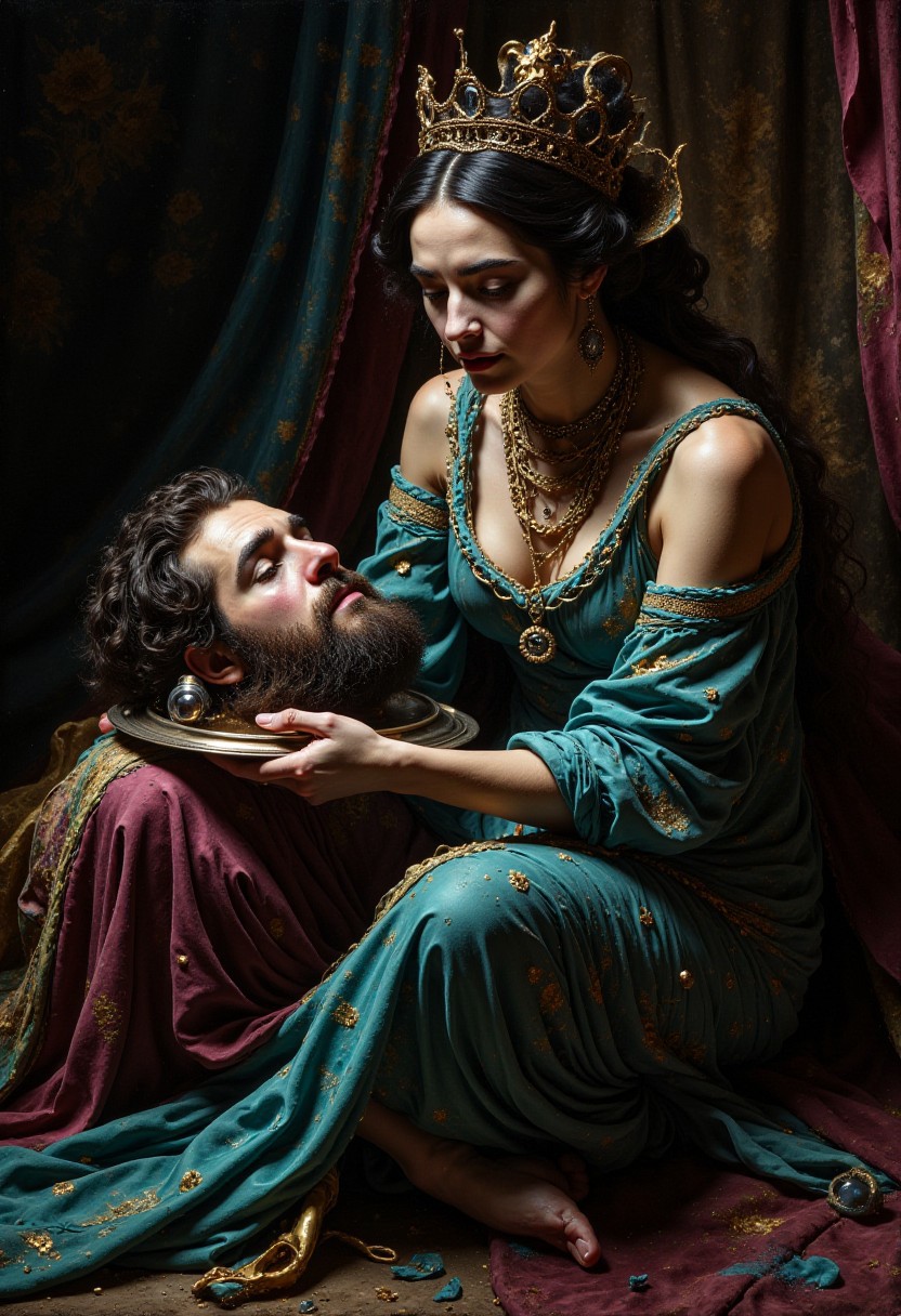 Decadent artistic movement (((oil painting:1.9 by Charles Ricketts, Benjamin Constant, Aubrey Beardsley, Clairin, Regnault, Odilon redon, Gustave Moreau)))) a biblical scene depicting Salomé showing viewer the head of a bearded man on a silver tray, close-up image, stunning portrait, masterpiece of oil painting, , 1880s dejected rich European woman of ill repute, soiled luxurious 1880s evening clothes, drunk orgy, wine glass, spilled carafe of wine on floor, 1880s era as symbol of decadence, depraved decadent nobility, vice, weary expression, excessive revelry, used, unhinged, rococo, hyperdetailed, bokeh, monochrome masterwork, glimpses of teal and pink, soft rim light, ornate, depravity, corruption of the soul