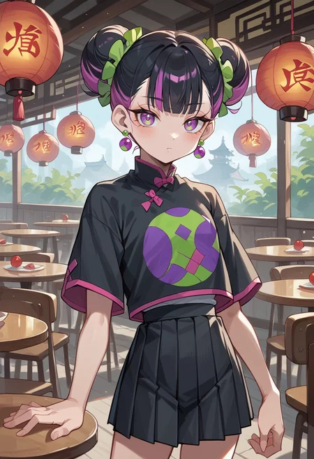 masterpiece, best quality, uncensored, source_anime BREAK score_9, score_8_up, score_7_up, score_6_up, score_5_up, score_4_up, 1girl, solo nirachina, multicolored hair, double bun, green scrunchie, black hair, purple eyes, earrings, jewelry, Expressiveh, chinese clothes, short sleeves, black skirt, pleated skirt, indoors, cowboy shot, chinese restaurant <lora:Expressive_H:0.6> <lora:add-detail-xl:0.5> <lora:ZutomayoStudyMe:0.8>