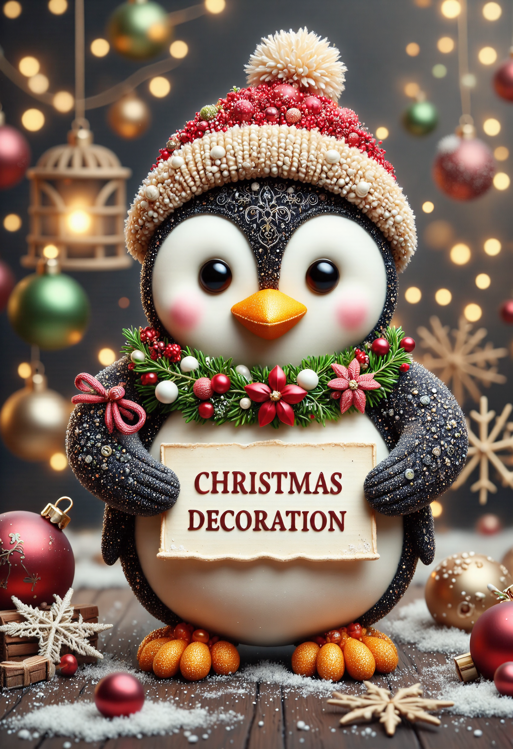 CHRD3CR, a cute penguin with a letter in hands that reads:("CHRISTMAS DECORATION")  