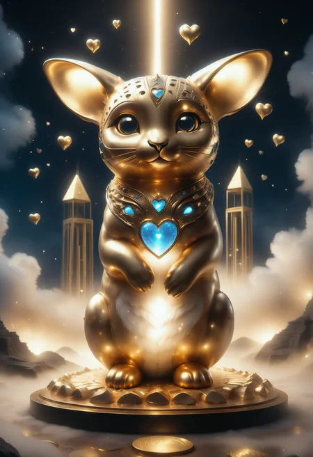 a cute zhibi domestic animal <lora:zhibi:0.8> made out of Jed-ANC <lora:ArtNouveauCopperStyle:0.9>, cuteness overload, surrounded by stardust and floating hearts <lora:heartmiststyle:0.5> in a starLS fantasy landscape <lora:stardustlandscapes-000006:0.7>, a highly detailed matte painting of a single great pyramid of giza with a single scoop in the fog, volumetric lighting, octane render, 4 k resolution, trending on artstation, masterpiece, fantastic aesthetic, grand illumination, stunning detail, best