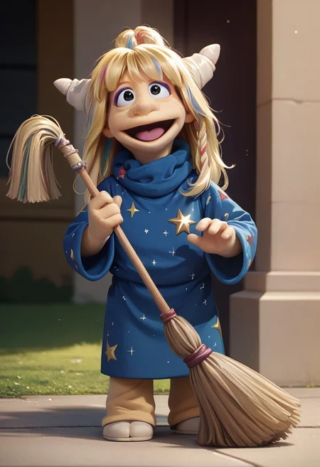 1girl, score_9, score_8_up, score_7_up BREAK Eureekaa, 1girl, blonde hair, multicolor hair streaks, ponytail, horns, black eyes, purple eyeshadow, long blue starry robe, standing, holding broom and sweeping the ground, outside of castle, looking up and smiling at viewer, full body, happy eyes, happy smile,