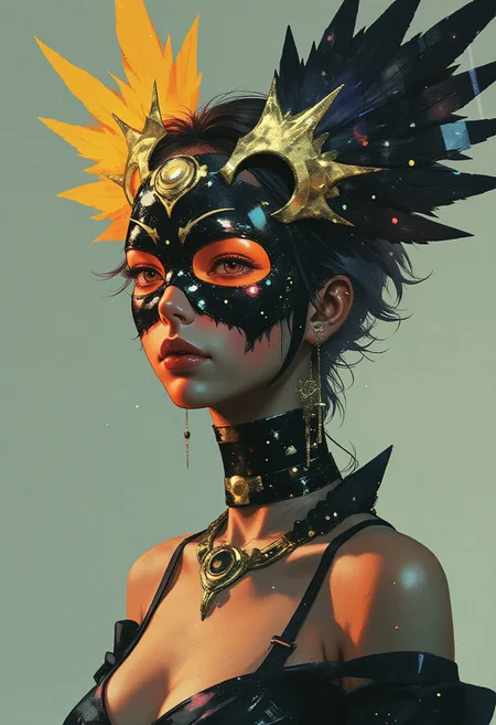 High Quality, hyper realistic, digital artwork, 8K, cinematic lighting — digital drawing, gothic fantasy style — portrait of a young woman with an enigmatic presence. Her face is obscured by a black and gold skull-patterned mask, intricately designed with metallic swirls and sharp lines, creating a sinister allure. The mask is detailed with hints of silver and gold, catching the light in sharp contrast. Above her, a dramatic black and yellow headdress resembling mythical bird wings extends outward, feathers intricately layered, framed with delicate patterns and a central golden eye symbol that gleams subtly in the light. Her attire is minimal, showcasing a deep neckline that reveals her cleavage, emphasizing the contrast between the bold headdress and her dark, simple garment. The background is a stark, charcoal gray, allowing the vivid black and yellow elements of the mask and headdress to dominate the composition. The lighting enhances the sharp details and metallic textures, adding depth and intensity to the gothic atmosphere. Mood: mysterious, powerful, regal.